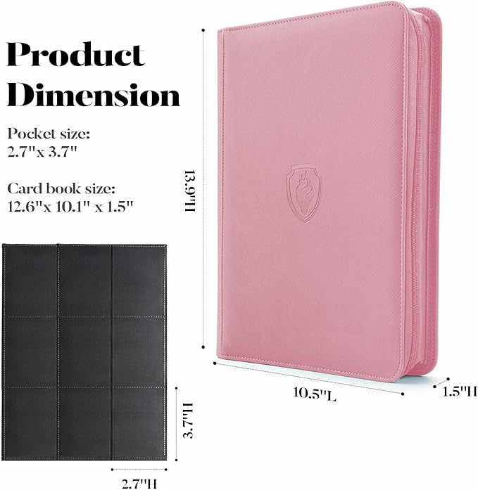 Premium Zip Card Binder, Fabmaker 9 Pocket Trading Card Binder, 360 Zipper Card Collection Album Folder, Side-Loading Card Holder for MTG, TCG, Sports Cards, Pink