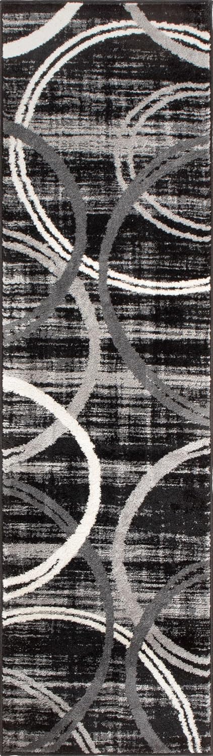 Rugshop Modern Wavy Circles Design Runner Rug 2' x 10' Black