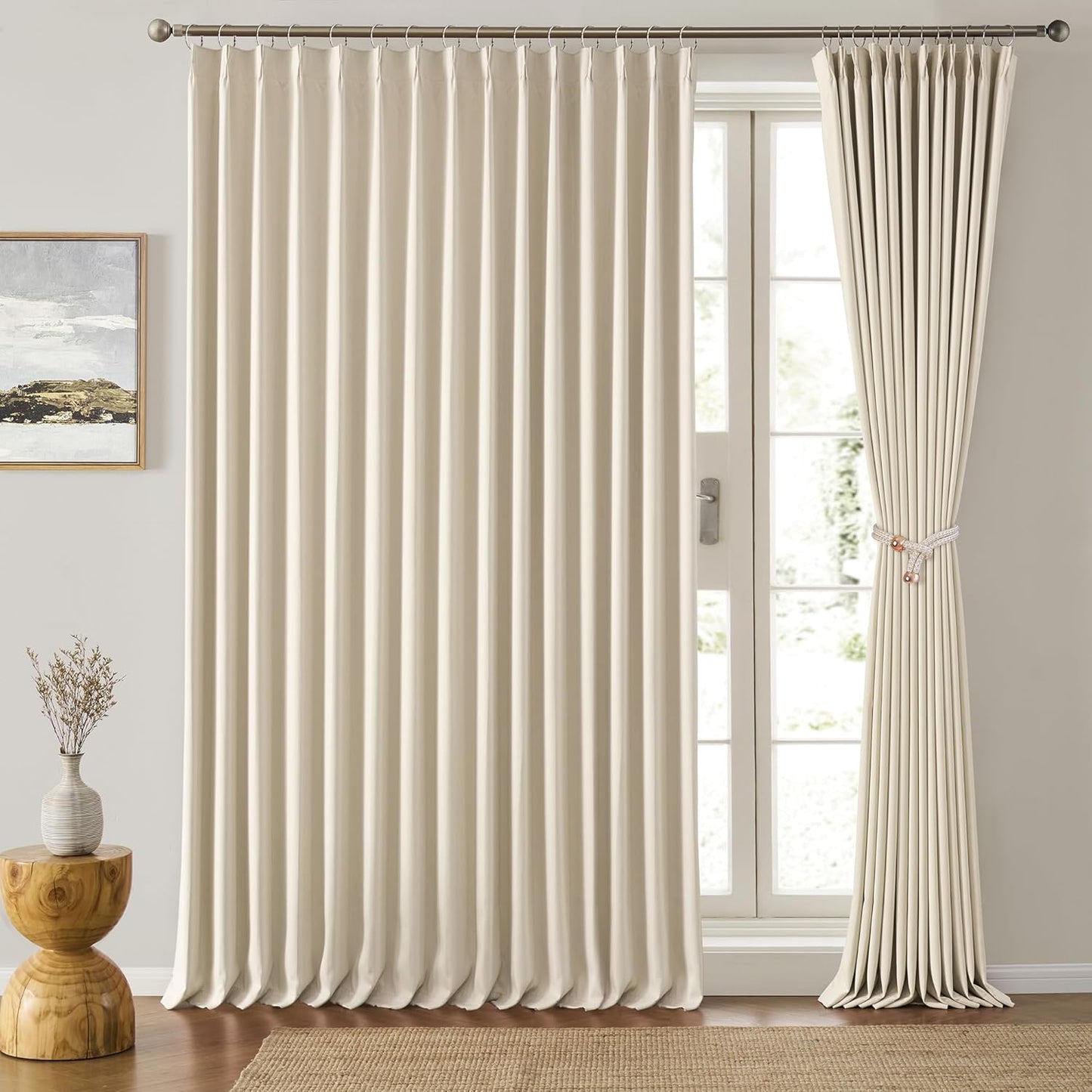 KEQIAOSUOCAI Extra Wide Curtains 100 x 102, Patio Sliding Door Pinch Pleated Blackout Curtains 102 Inches Long 2 Panels Set,100 Inch Wide Vertical Accordion Style Pleated with Hooks, Cream