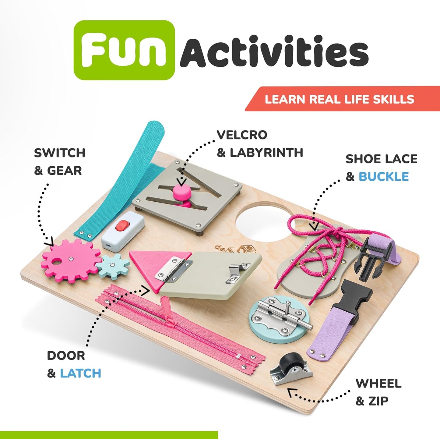 Montessori Busy Board for Toddlers, Premium Wooden Toddler Busy Board for 1 2 3 Year Old with 10 Educational Activities for Fine Motor Skills, Sensory Activity Toy for Travel, Gift for Boys & Girls