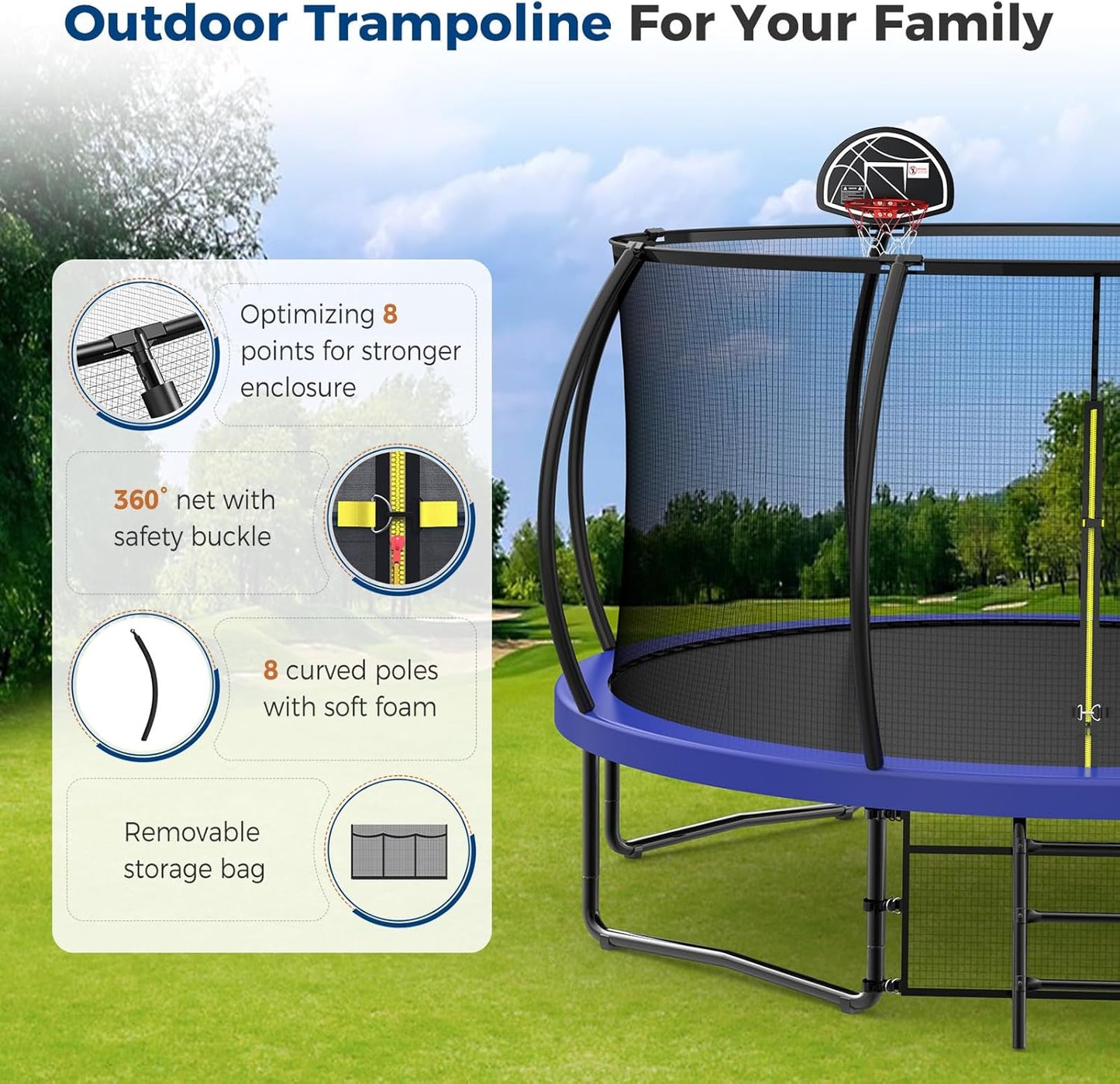 Tatub Large Trampolines Outdoor 10 12 14 15 16FT for Kids and Adults,Outdoor Recreational Pumpkin Trampolines with Curved Poles and Safety Enclosure Net, Basketball Hoop, Ladder