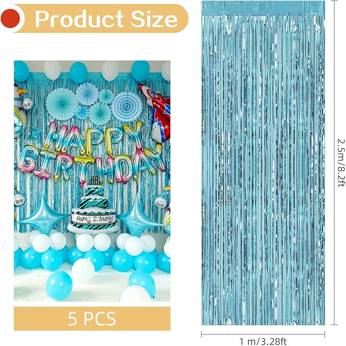 5 Pack Blue Fringe Backdrop 3.2ft x 8.2ft Foil Curtain Tinsel Foil Fringe Curtains Photo Booth Props for Mermaid Birthday Under The Sea Party Decorations Teal Blue Tinsel Backdrop Streamers (Blue)