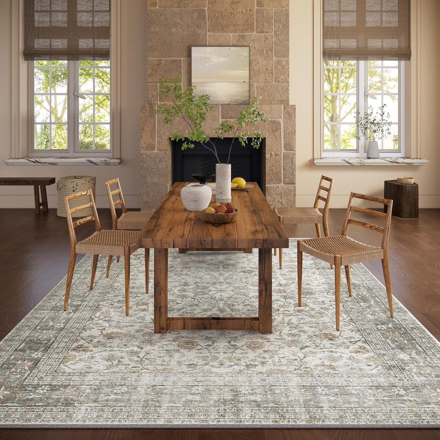 Machine Washable Rugs for Living Room: 5x7 Area Rugs for Bedroom Vintage Stain Resistant Non Slip Low Pile Soft Boho Carpet for Kitchen Dining Room Farmhouse Kids Room Nursery