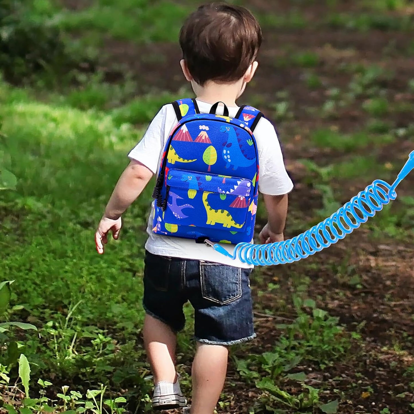 Accmor Toddler Backpack Leash with Anti Lost Wrist Link, Cute Mini Child Walking Harnesses Keep Kids Close Back Pack Rope Tether Rein for Baby Boys (Blue/Dino)