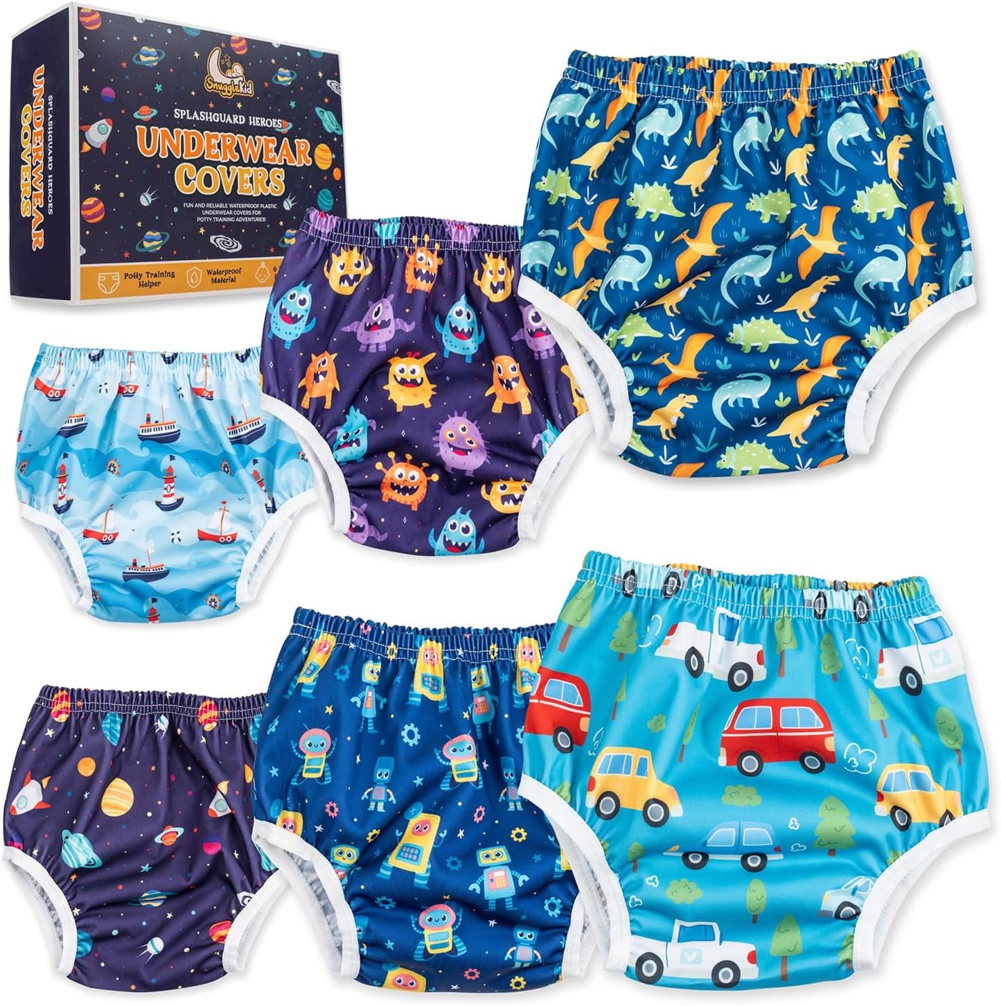 Waterproof Plastic Underwear for Potty Training, 6-Pack - Super-Soft Cloth Diaper Covers with Ultra-Thin TPU Inner Layer to Prevent Leaks - Reusable - Multicolor Prints