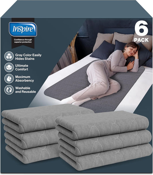 Inspire Underpads | Stain Hiding Gray Reusable Incontinence Bed Pads | Waterproof Mattress Pad | for Adults Babies and Dogs (34 X 36 - 6 Pack)