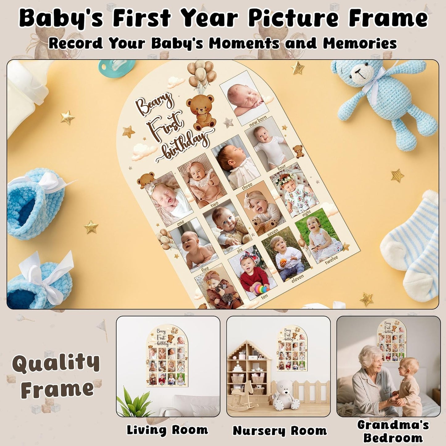 R HORSE My First Year Photo Display Wood Board - 3D Brown Bear Baby's First Year Picture Frame, 12 Months Beary Milestone Board Neutral Baby Keepsake Gift 1st Birthday Nursery Decor for Boy Girl