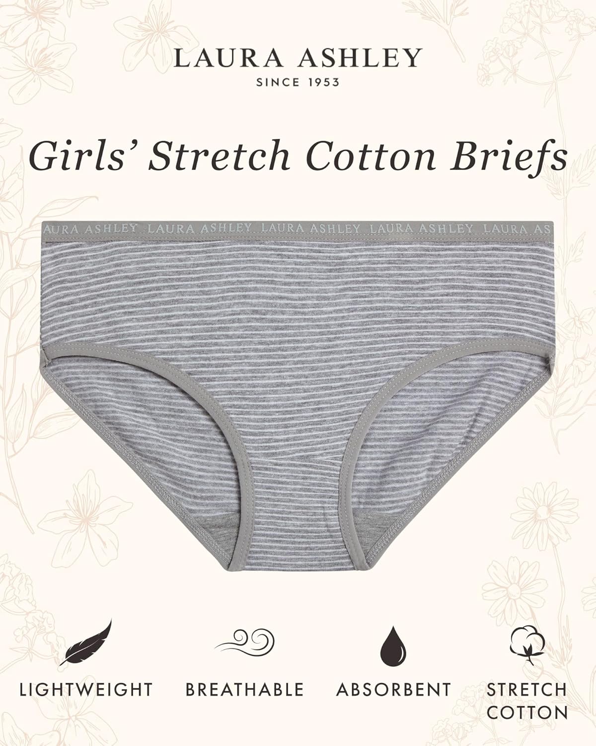 Laura Ashley Girls Underwear - 5 Pack Soft Stretch Breathable Panties for Girls - Lightweight Cotton Panties (Size: 4-12)