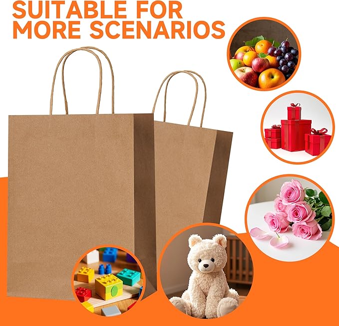 METAPRINT Brown Paper Gift Bags with Handles in Bulk,100 Pack 5.8x3.2x8.25 Inch Small Kraft Paper Bags for Birthday, Party Favors, Grocery, Retail, Shopping, Business