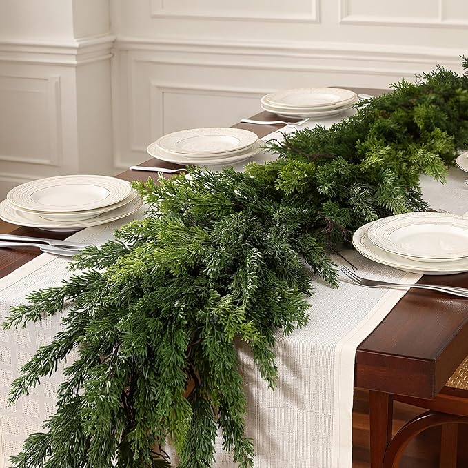 2PCS 6FT Artificial Christmas Garland, Real Touch Greenery Cypress Pine Garland for Mantle Table Railing Fireplace Indoor & Outdoor Christmas Decoration