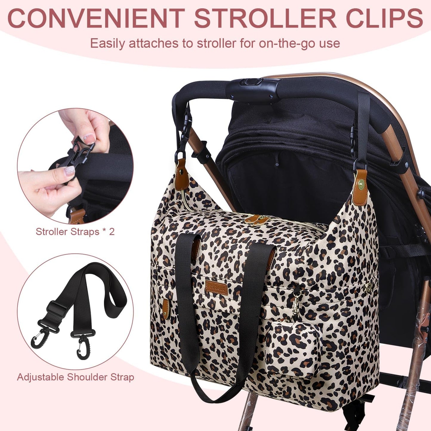 Diaper Bag Tote - Diaper Baby Bags with Pacifier Case, Shoulder Straps, Stroller Clips, Waterproof Large Mommy Maternity Travel Baby Bag for Mom and Dad, Leopard Print