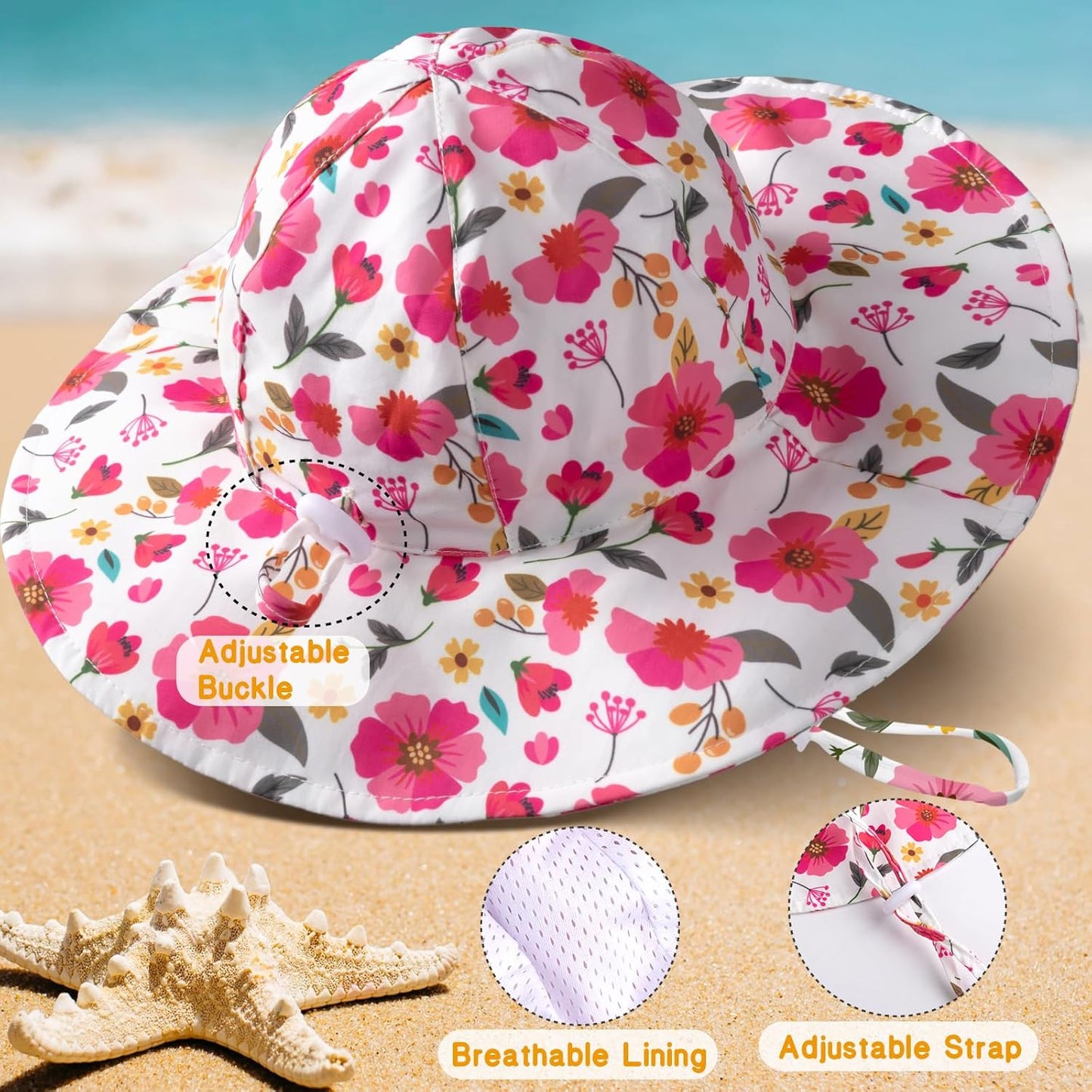 Baby Sun Hat Toddler Girl Beach Hat Adjustable Outdoor Summer Hat UPF 50+ Sun Protection Wide Brim Infant Kids