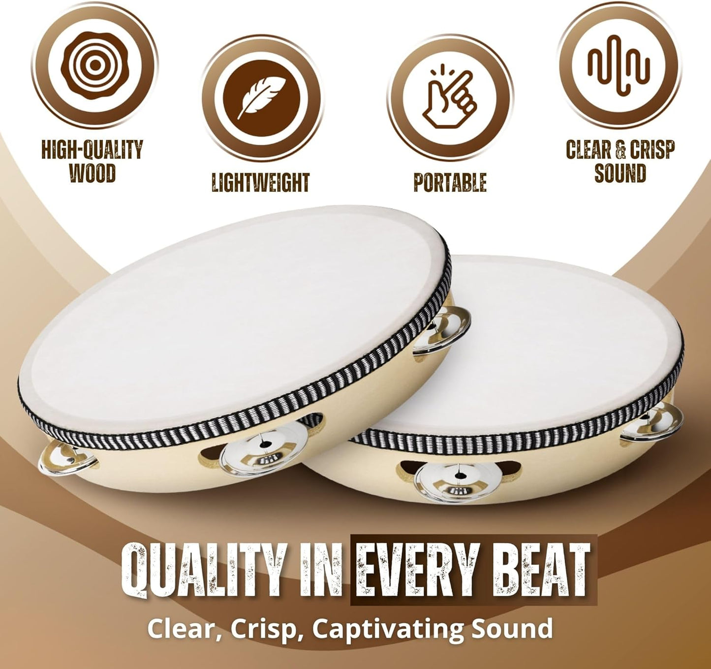 Flexzion Wooden Round Tambourine for Kids and Adults 10" Inch Single Row 8 Pair Jingles, Wood Handheld Percussion Instrument for Beginner and Professional Tambourine Player