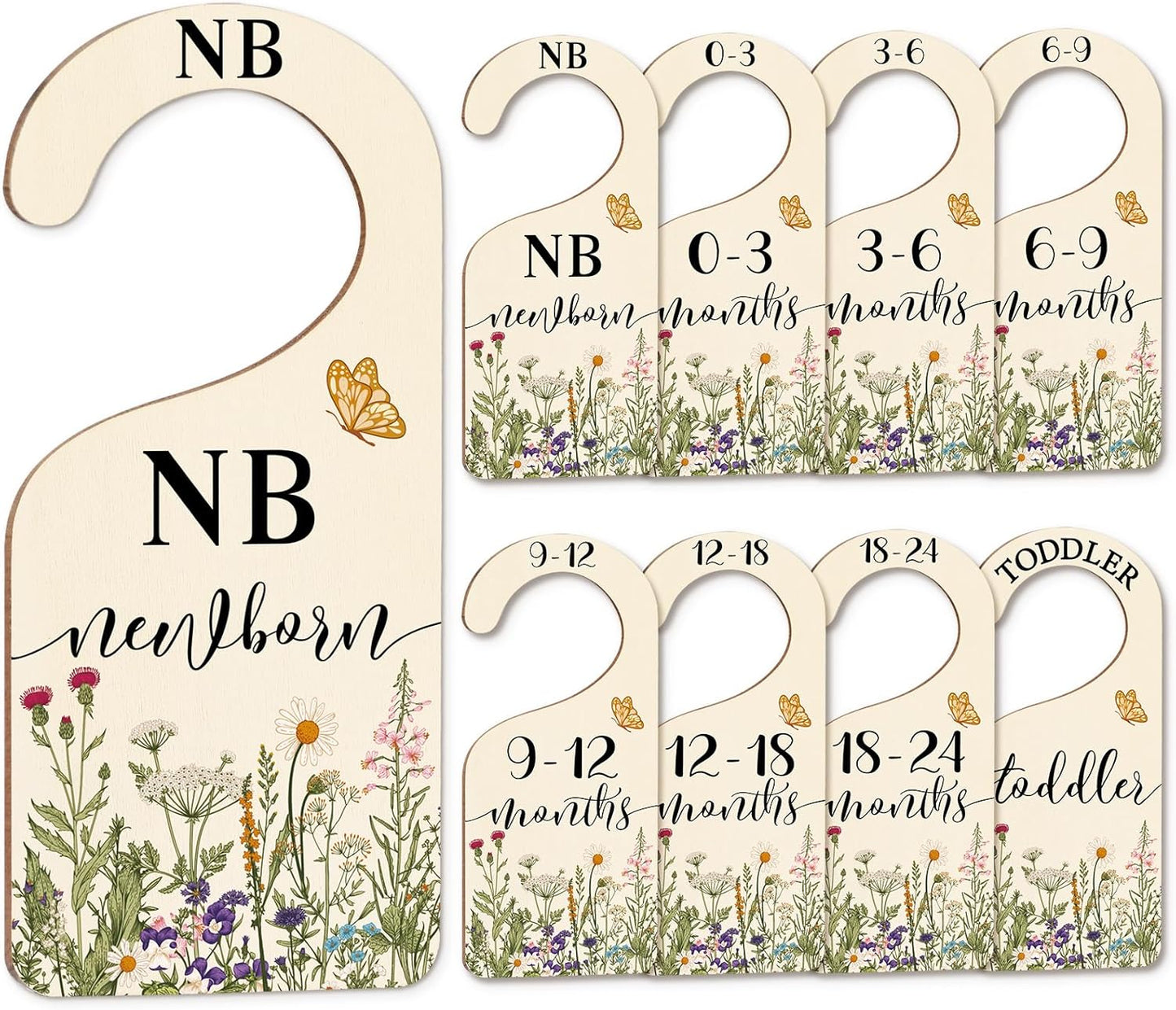 Whaline 8Pcs Wildflower Baby Closet Size Dividers Vintage Floral Leaves Hanging Wood Baby Closet Organizer Newborn to 24 Months Thicken Baby Wardrobe Organizer for Home Nursery