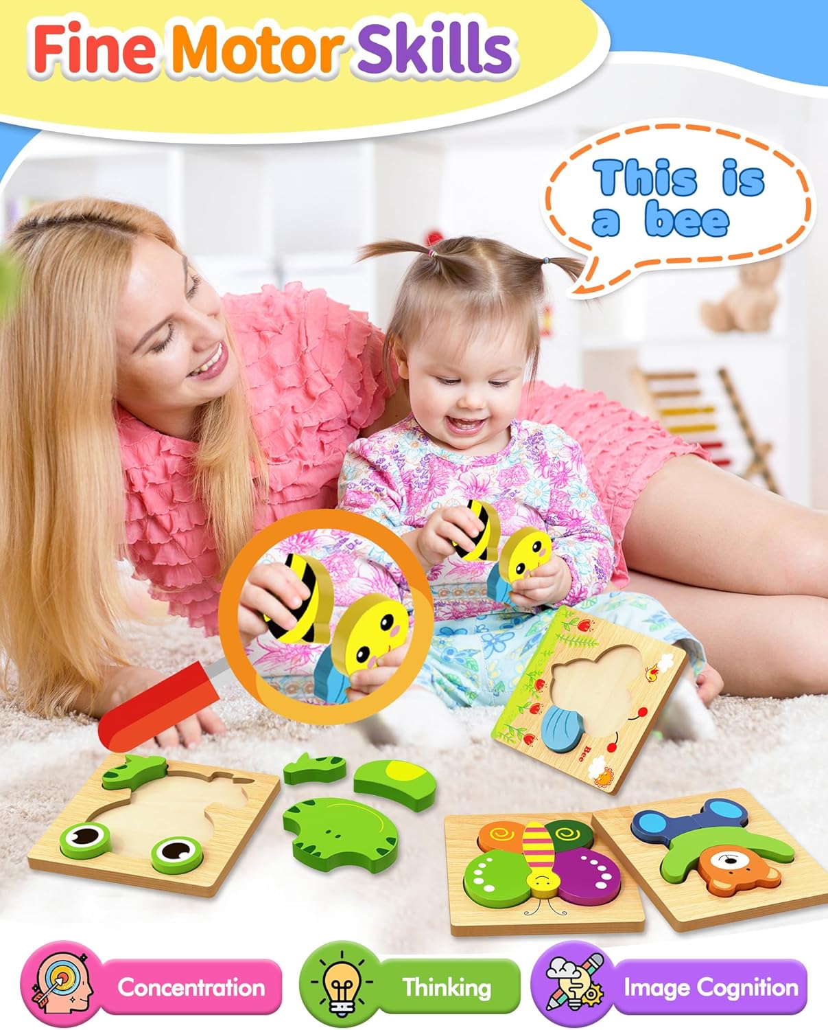 Bekayshad Wooden Puzzles Toddler Toys Gifts for 1 2 3 Year Old Boys Girls, 8 Pack Animal Jigsaw Puzzles Montessori Toys, Learning Educational Christmas Birthday Gifts for Girls Boys Ages 1-3