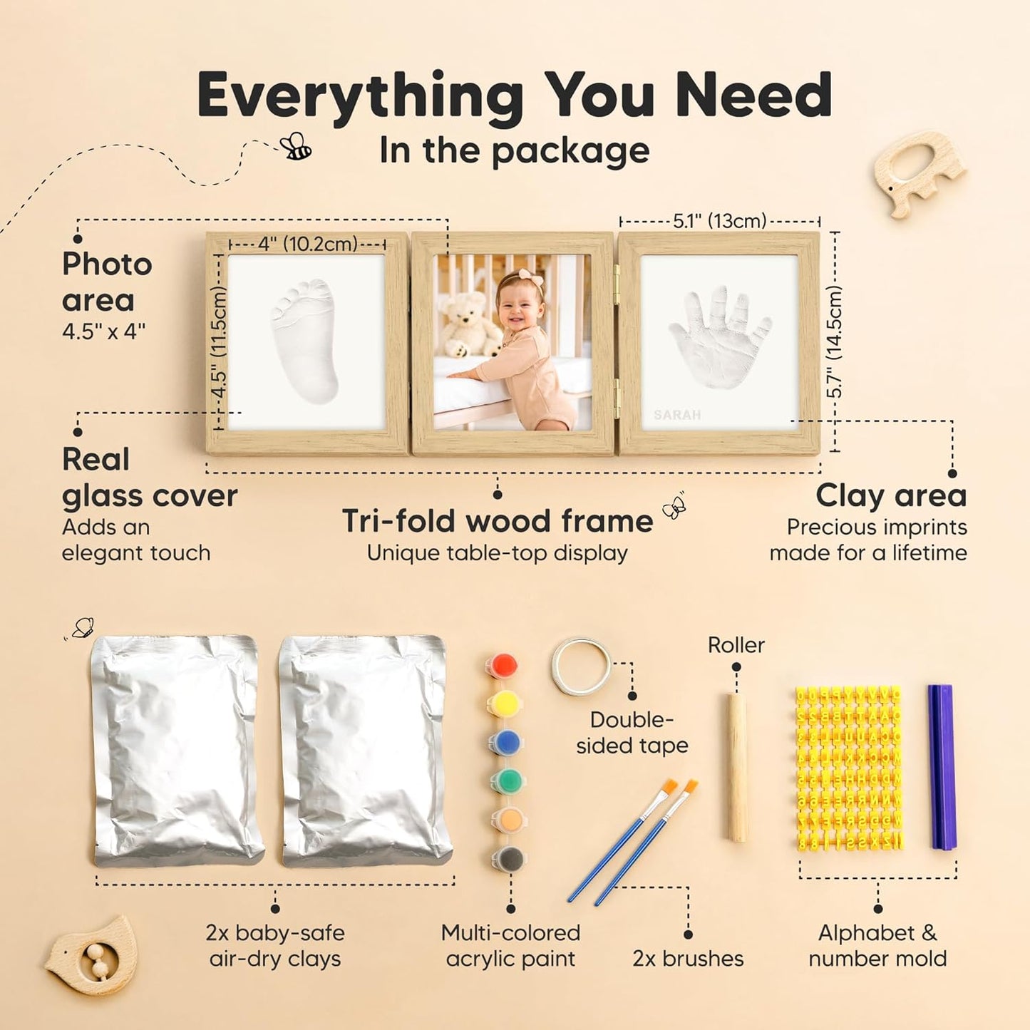 Baby Shower Gifts for Boys, Girls - Baby Hand and Footprint Kit, Newborn Handprint Kit, Keepsake Photo Frame, Nursery Picture Frame, Gender-Neutral Newborn Keepsake Gifts (Ash Wood)