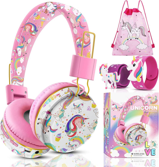 QearFun Unicorn Bluetooth Headphones for Girls - with Microphone & 3.5mm Jack, Adjustable Headband for Kids Teens Toddlers, School iPad Tablet PC Smartphones Compatible (Pink)