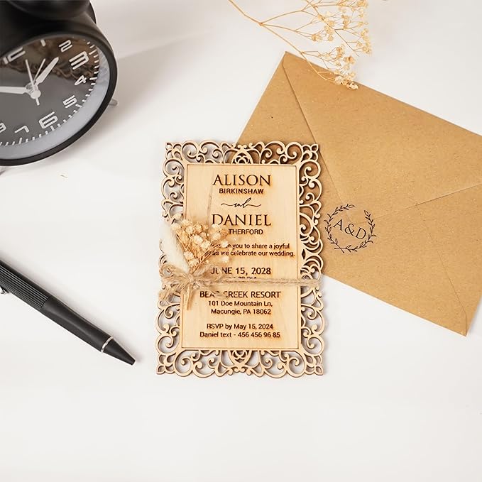 Personalized Wedding Invitations, Laser Cut Wedding Invitation, Flower Wooden Invitations with Envelopes & Stickers, Easy Personalization, 5 Different Color Options