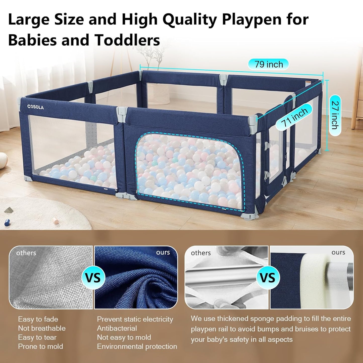 Baby Playpen,Large Play Pen for Babies and Toddlers with Door 79x71 Inch, Adjustable Playpen Non-Slip Suction Cups Base Safe and Sturdy, Indoor Outdoor Playard,Black