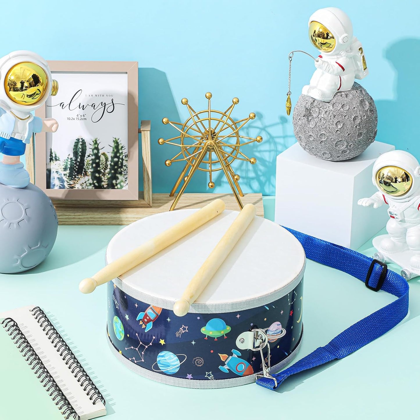 Boao 1 Pc Kids Drum Set, 8 Inch Toddler Drum Wooden Toy with Adjustable Strap and 4 Drumsticks, Educational Sensory Musical Instrument for Toddlers Kid Baby Boys Girls Gift (Space)