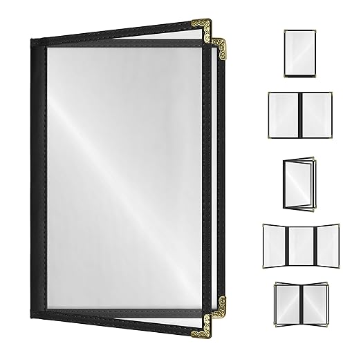 Goodsmart Restaurant Menu Covers – 25 Pack Black 4-View, Side-Loading Menu Holders, Vinyl & Plastic Café Menu Covers, Clear Menu Sleeves, Fits 5.5" x 8.5", Leather-Style Design, Gold Corners