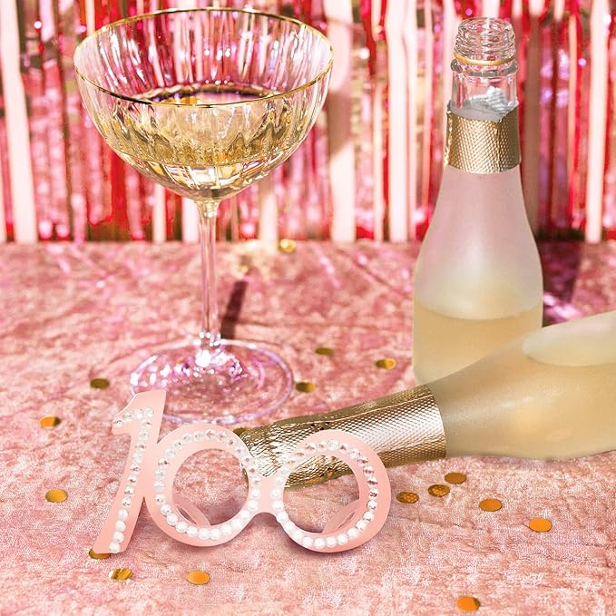 100th Birthday Glasses - 6 Pairs Rose Gold 100 Years Old Glasses with Rhinestones Frame, Funny Plastic Costume Photo Booth Props for 100th Anniversary Party Decorations