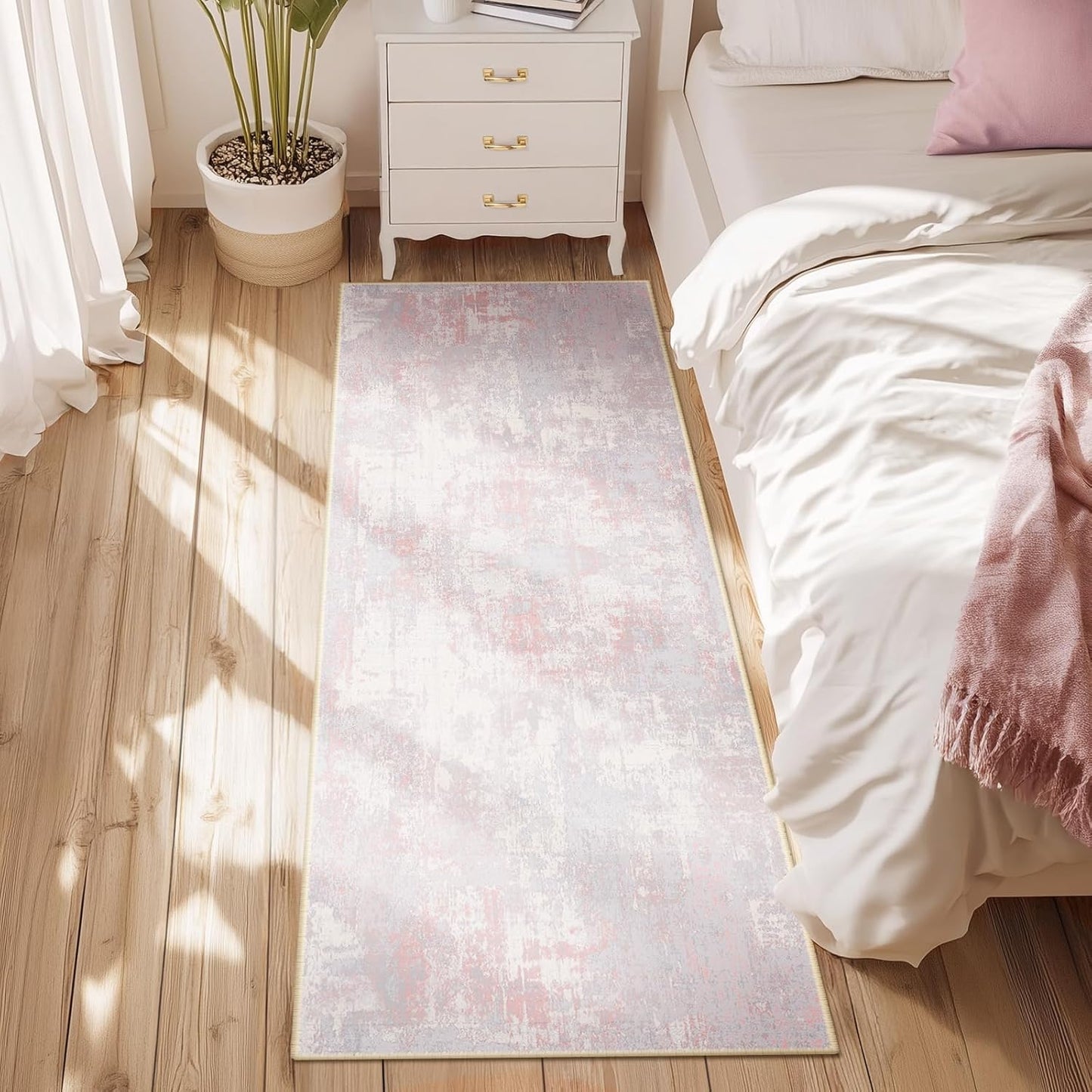 Washable Area Rugs 2'x10' Non-Slip Modern Abstract Soft for Living Room Entryway Bedroom Nursery, Print Pattern, Grey Pink