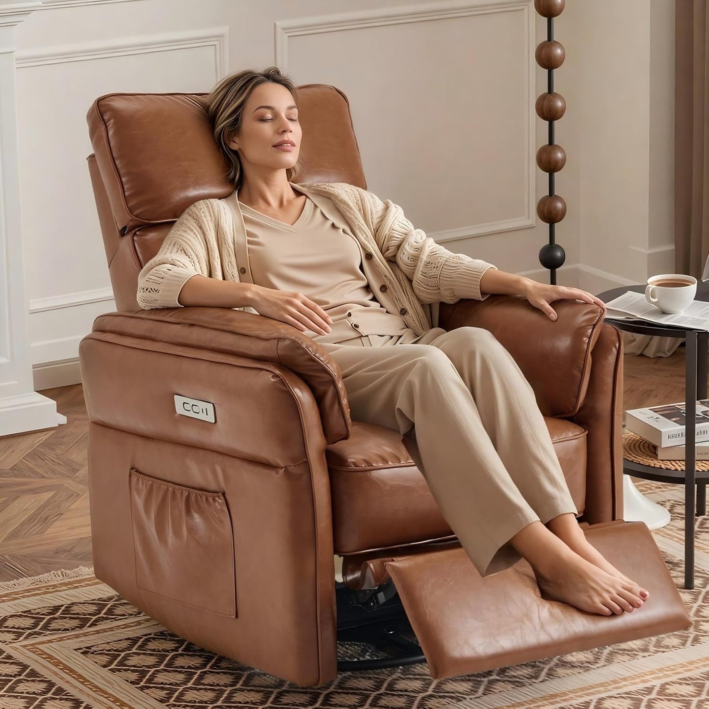 Power Recliner Rocking Chair Nursery Gliders with Adjustable Armrests and Headrest, Swivel Electric Glider Reclining Nursing Chair with USB Port and Storage Bags, FSC Certified(Leather, Brown)