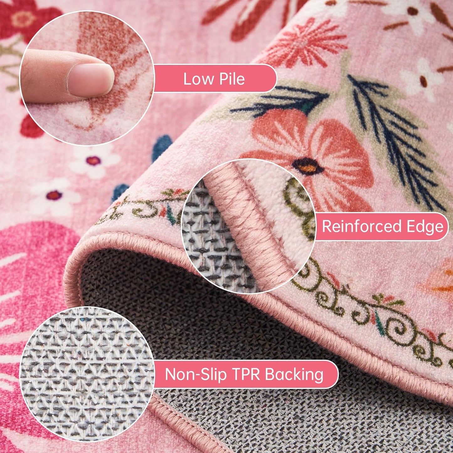 2x3 Washable Entryway Rugs Pink Boho Vintage Floral Pattern Non Slip with Rubber Backing Small Rugs Stain Resistant Faux Fur Low Pile Door Mat for Front Door Kitchen Bedroom Girls Bathroom Laundry
