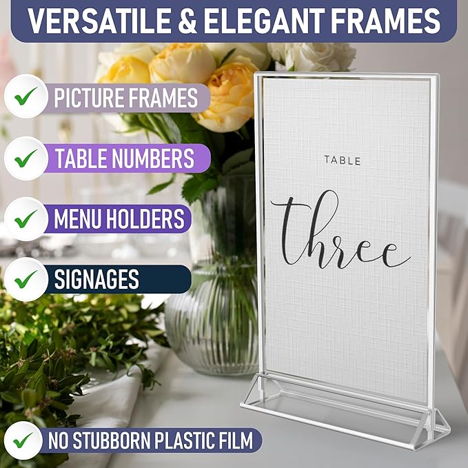 Silver Picture Frames Double-Sided, 6-Pack 4x6 Acrylic Table Number Holders, Clear Easel Stands for Signs, Silver Frames for Wedding Table Numbers, Menu Holders, Photo Displays for Events and Décor