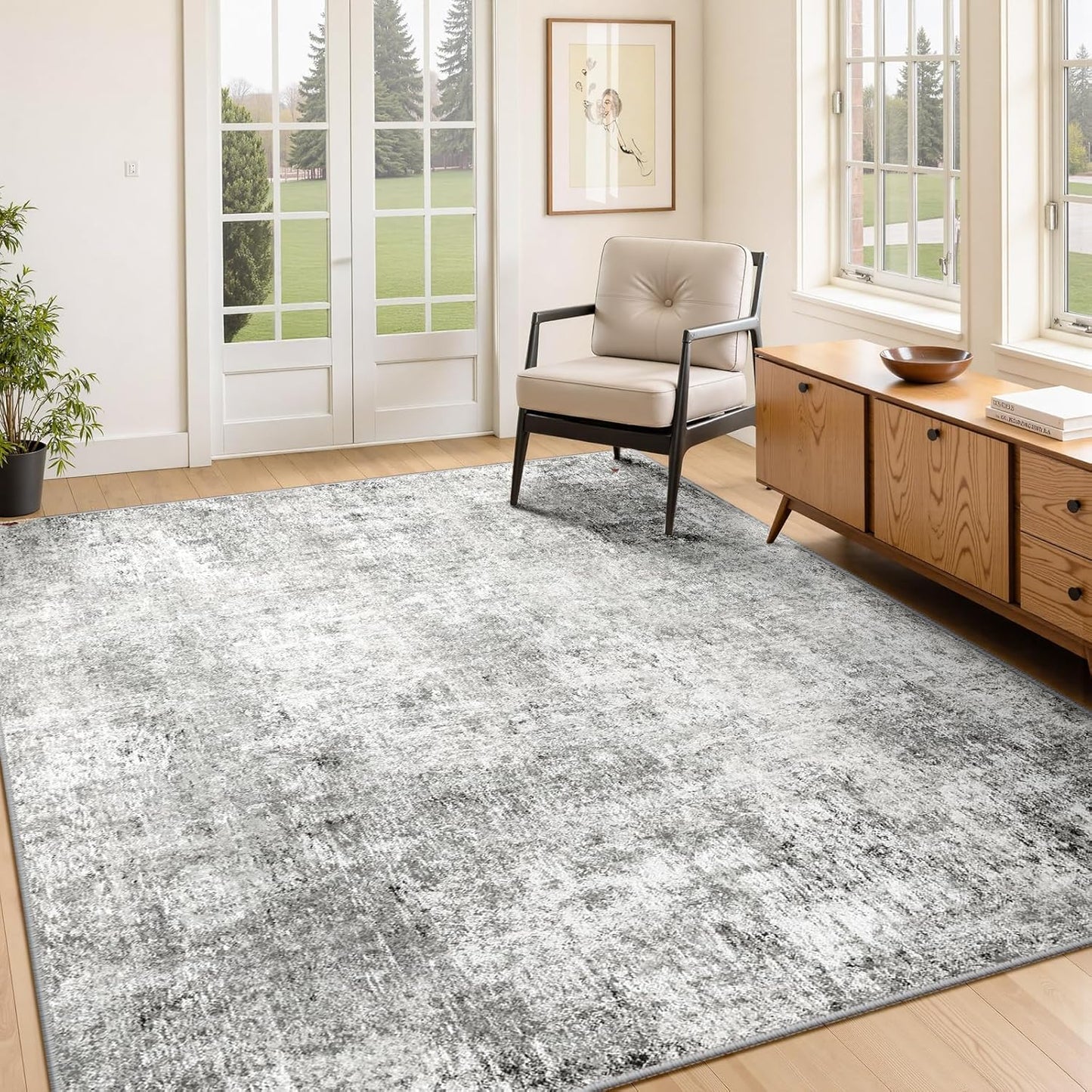 Washable Area Rugs 3'x5' Non-Slip Modern Abstract Soft for Living Room Entryway Bedroom Nursery, Print Pattern, Gray White Grey