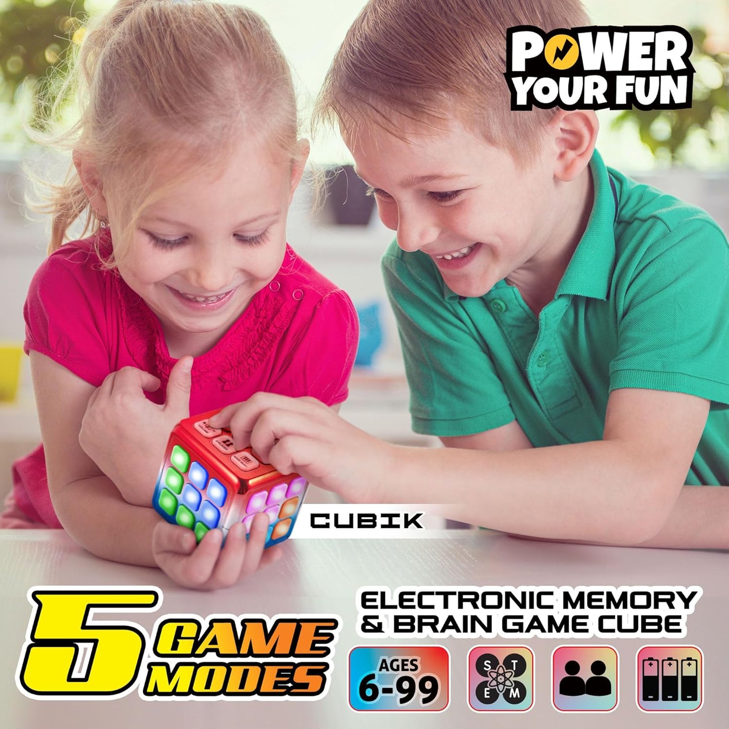 Power Your Fun Cubik LED Flashing Cube Memory Game - Electronic Handheld Game STEM Toy, 5 Brain Memory Games for Kids Brain Play Sensory Toys Puzzle Fidget Toy Light Up Cube (Metallic Red/Blue)
