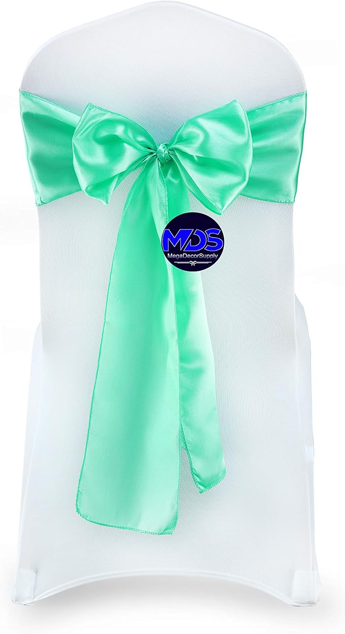 MDS Pack of 10 PCS Satin Chair Sashes Charmeuse Sateen Dining Chair Bows Ribbon Ties Back Sash for Wedding Party Birthday Home Hotel Restaurant Banquet Decoration (7 x 108 Inch, Mint)