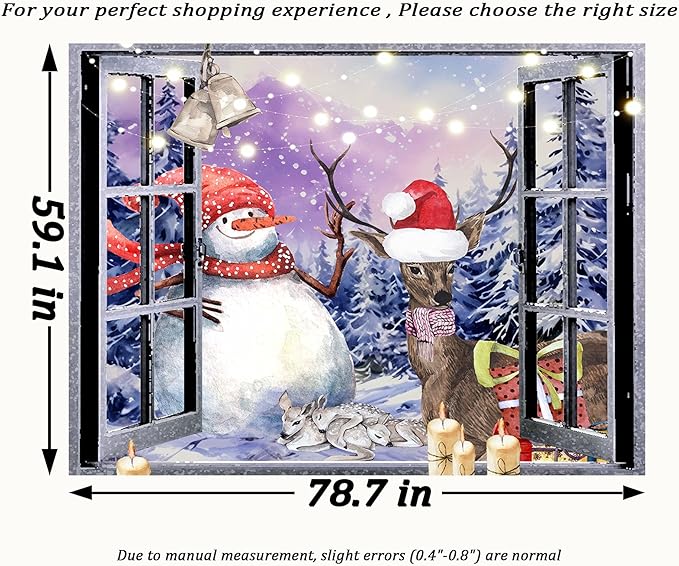 QGHOT Christmas Window Tapestry Wall Hanging Christmas Backdrop Winter Window Wall Decor Xmas Snowman Deer Tapestries for Bedroom Living Room Dorm Holiday Party Decoration, Large
