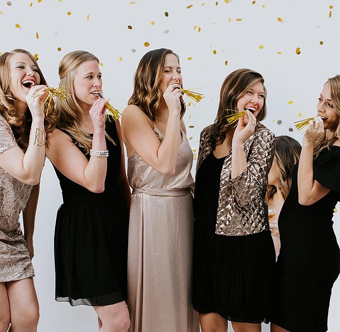 50 Pcs Metallic Fringed Party Blowers Noise Makers Gold Black Blowout Whistle Noisemakers New Year Eve Birthday Party Favor Supplies Events