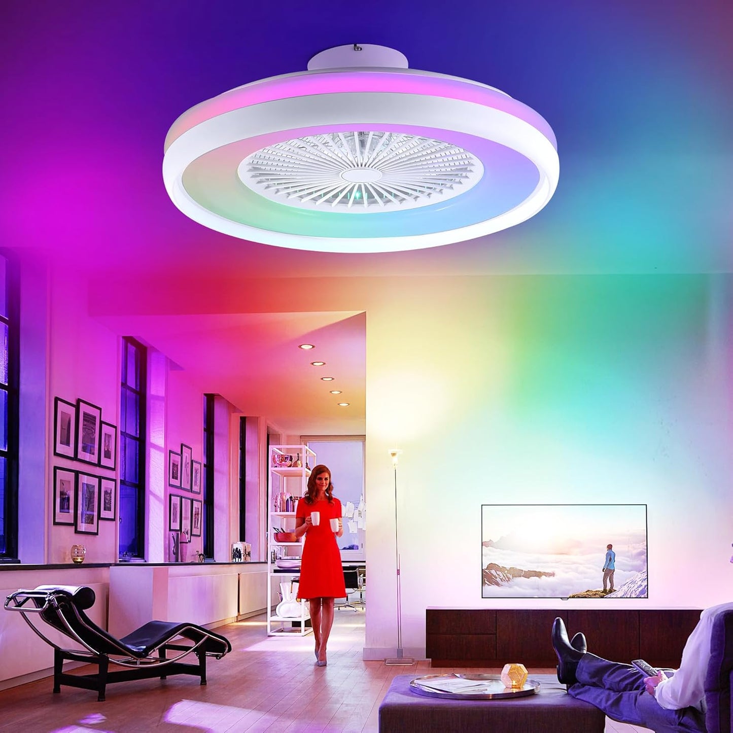 24" Bladeless Ceiling Fan with RGB Light Remote, Smart LED Ceiling Fans with Voice/App Control, Modern Low Profile Dimmable Light Ceiling Fan for Bedroom Living Room White