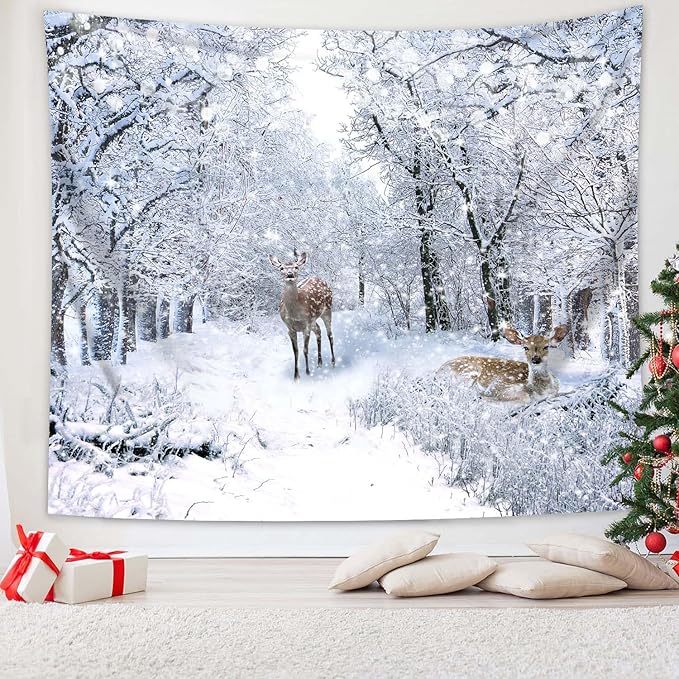 QGHOT Winter Tapestry Wall Hanging, Snow Scene Backdrop Winter Wonderland Wall Decor Snowy Forest Wall Art Nature Woodland Deer Tapestry for Bedroom Room Dorm Party Decoration, Large