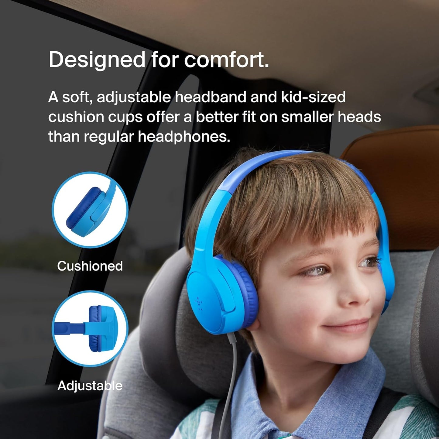Belkin SoundForm Mini Kids Wired Headphones with Built-in Microphone & Fun Stickers, 85dB Safe Volume Limit – for Online Learning, Travel, Compatible w/iPhone 15, iPad, Galaxy S23, & More - Blue