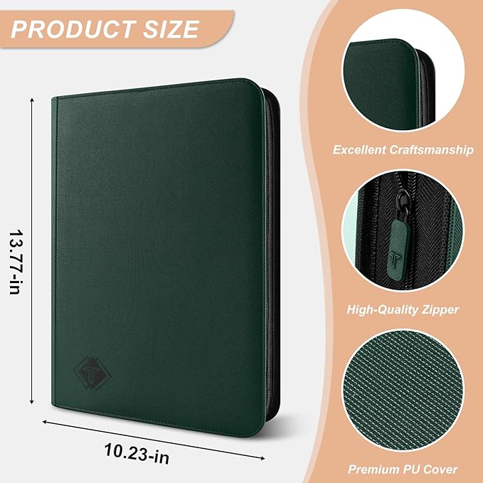Card Binder for Trading Cards 9 Pocket, TiopLior Zip MTG Card Binders with 432 Side Loading Pocket, Card Album Fit for TCG Baseball Football Sports Card, Easy to Insert Card Collection Binder (green)