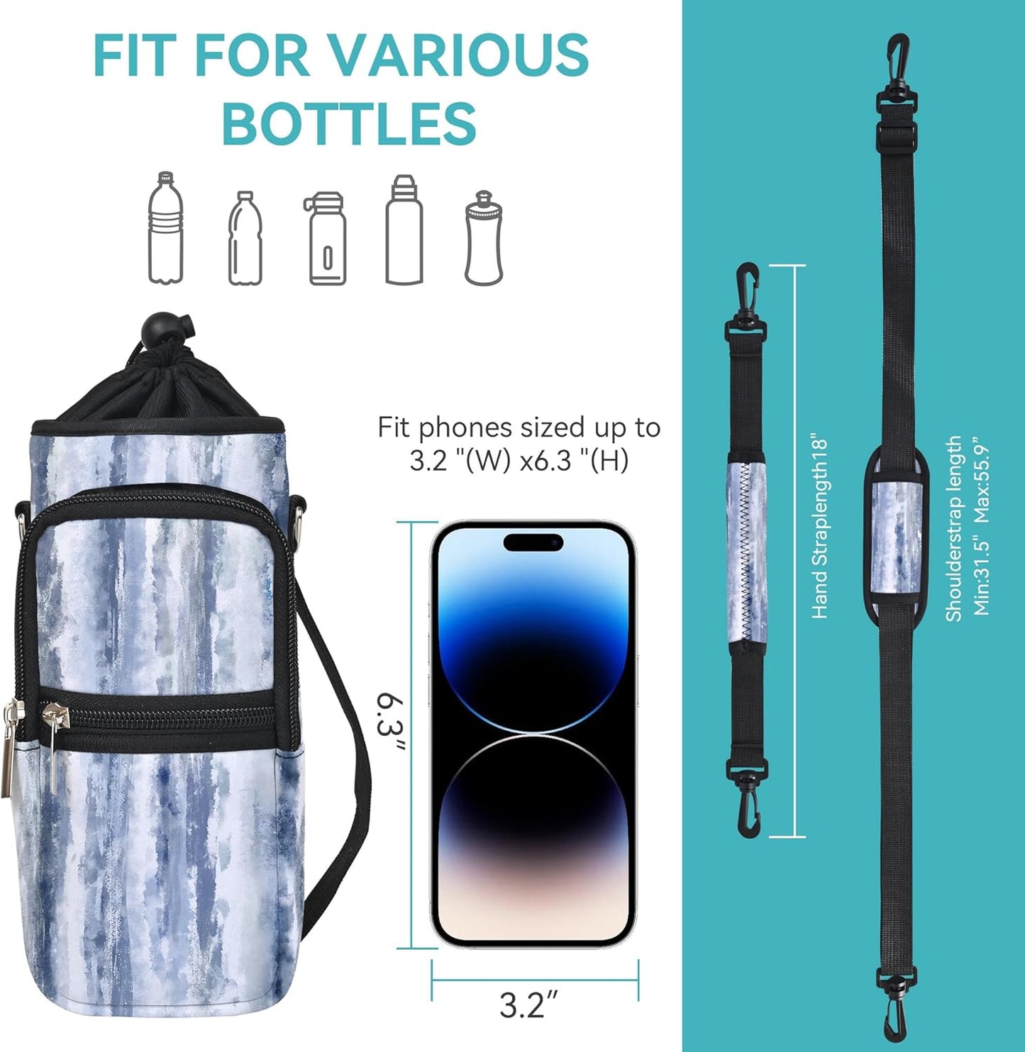 25/32/40/64oz Water Bottle Bag Holder Carrier-Insulated Crossbody Sling Case Sleeve with Strap & Pockets for Men Women Gym Cycling Travel Walking Hiking Camping