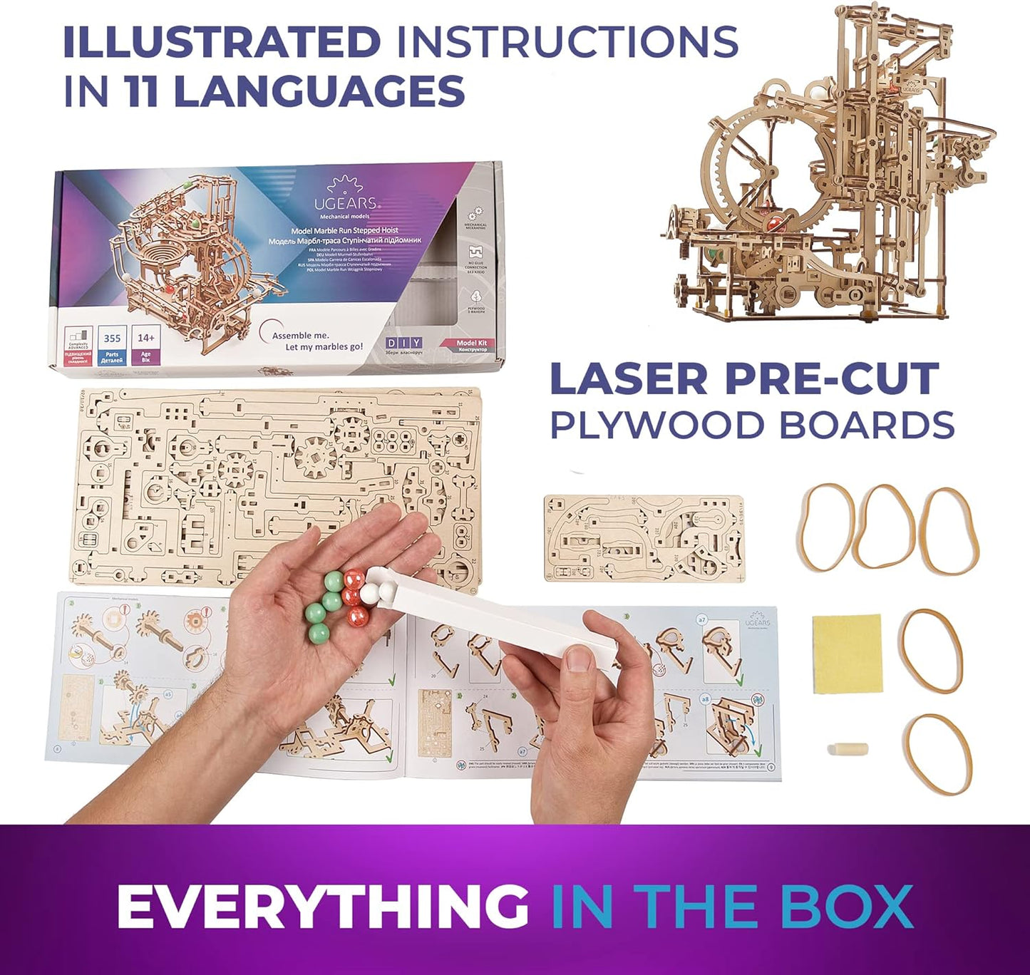 UGEARS Wooden Marble Run Stepped Hoist - Mechanical 3D Wooden Puzzles For Adults Kit, Fun DIY Model Kit Crafts for Adults - Unique Gift 3d Puzzle For Adults Marble Game for Hobby Enthusiasts - 355 Pcs