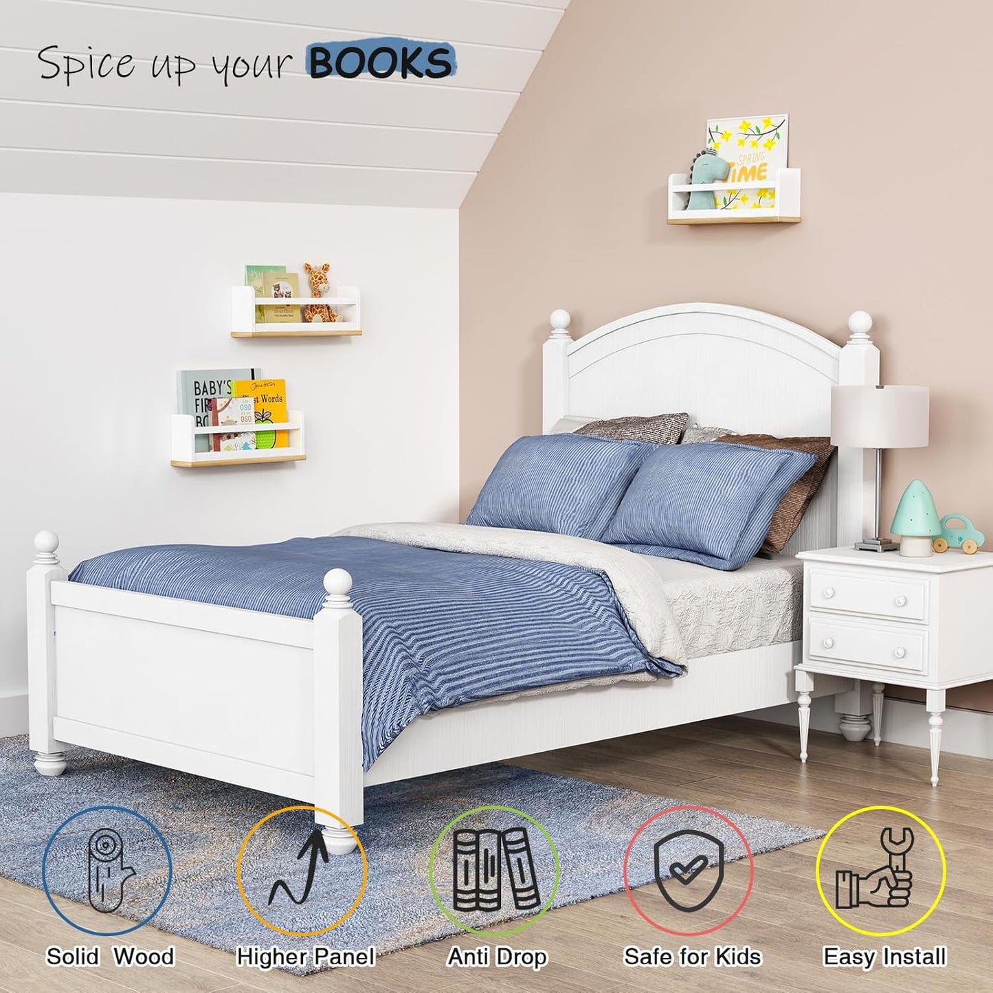 Upgraded Floating Nursery Book Shelves for Wall, White and Natural Kids Bookshelf Wall Mounted, Wood Baby Toddler Children Hanging Bookshelves for Kids Room Bedroom - Set of 3