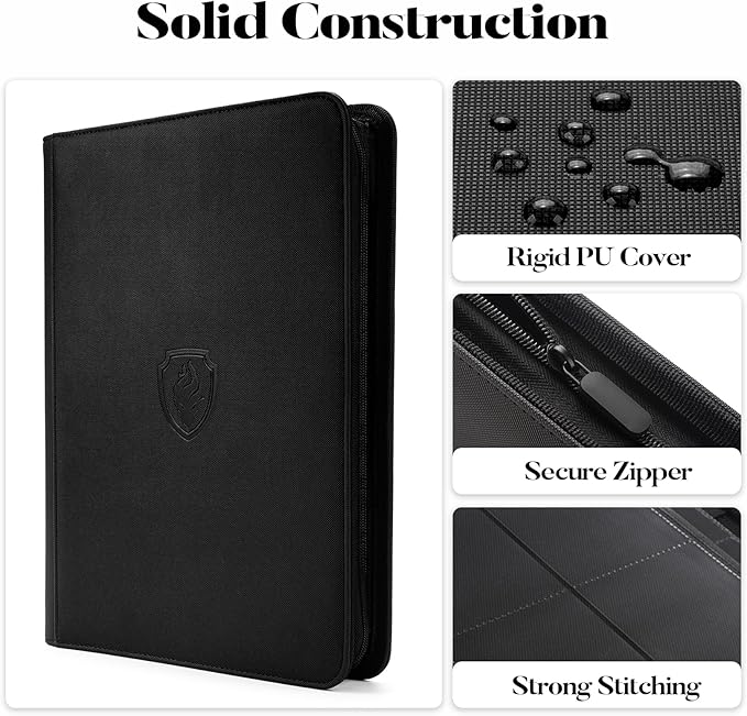 Premium Zip Card Binder, Fabmaker 9 Pocket Trading Card Binder, PU Cover Zipper Card Collection Album, Sturdy 360 Side-Loading Card Folder Holder for MTG, TCG, Game Cards, Sports Cards, Black