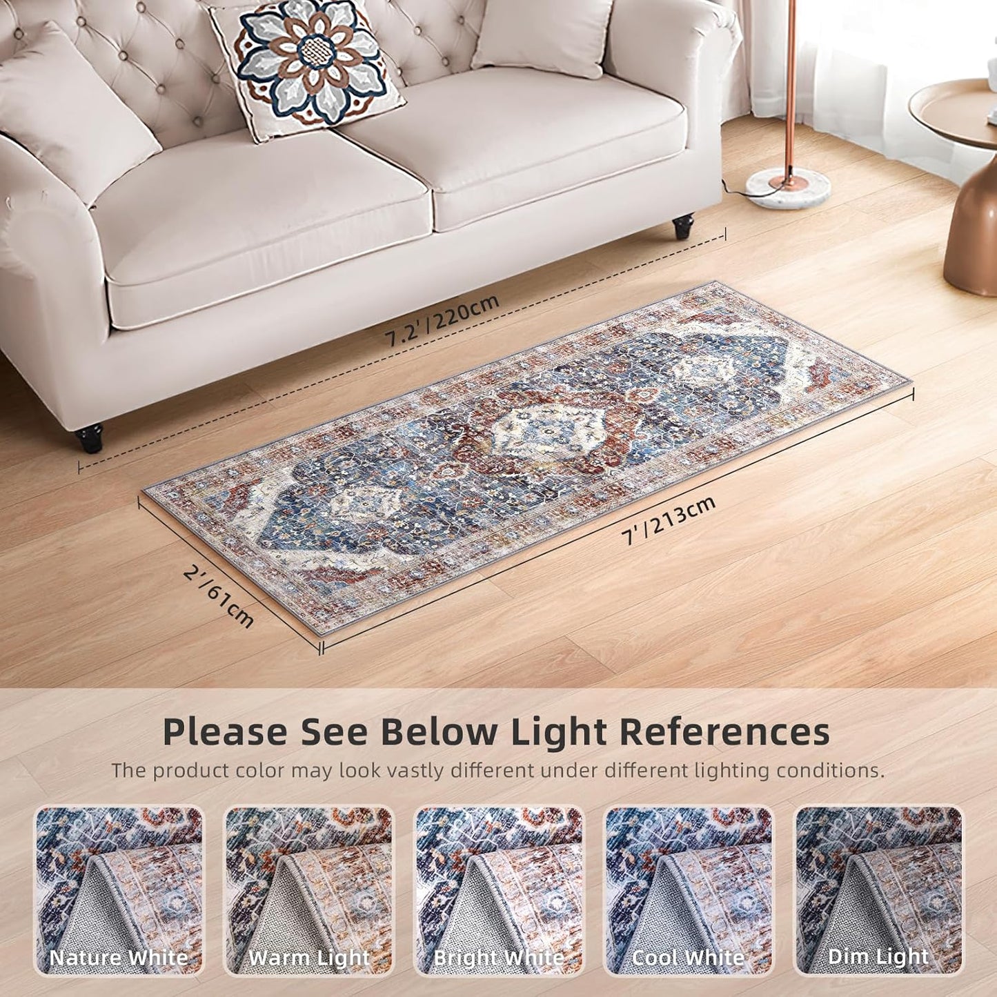 Deerly 2x7ft Bohemian Kitchen Runner Rug - Floral Design, Soft Low Pile, Non-Slip, Border Brown/Navy Blue