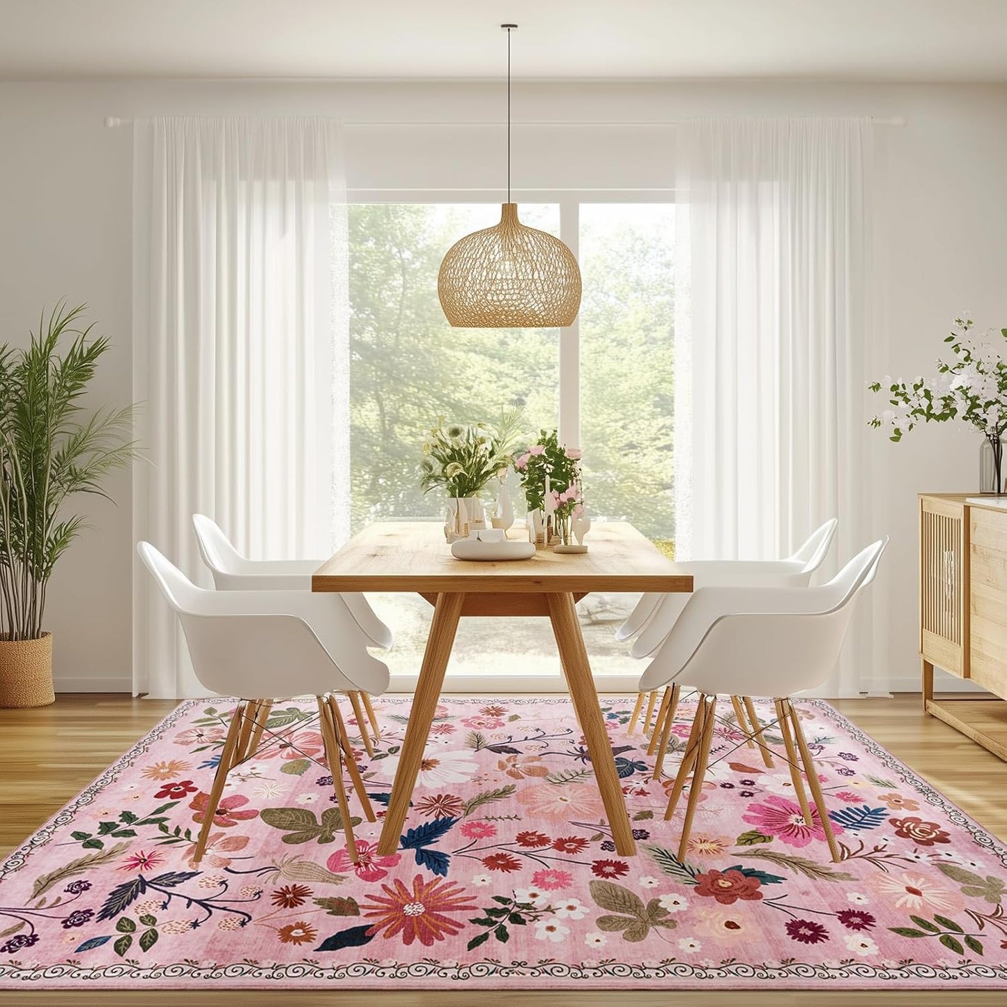 Living Room Rug 6x9 Washable Boho Floral Non Slip Large Aesthetic Pink Area Rugs Vintage Soft Low Pile Stain Resistant Sound Absorbing Big Carpet Rug for Bedroom Dining Room Kids Nursery Girls Dorm
