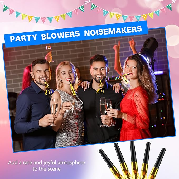 120 Pcs Glitter Bomb Noise Maker Gold Metallic Fringed Squawker Blowouts Silver Musical Blower Whistle for Birthday New Years Party Supplies Sporting Events Graduation (Gold)