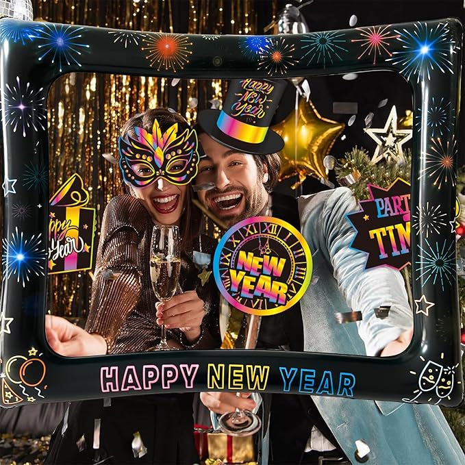 2026 New Year Photo Booth Inflatable Frame Kit, 30Pcs Colorful Neon New Years Photo Booth Props with Inflatable Picture Frame for New Year Eve Party Selfie Props Supplies