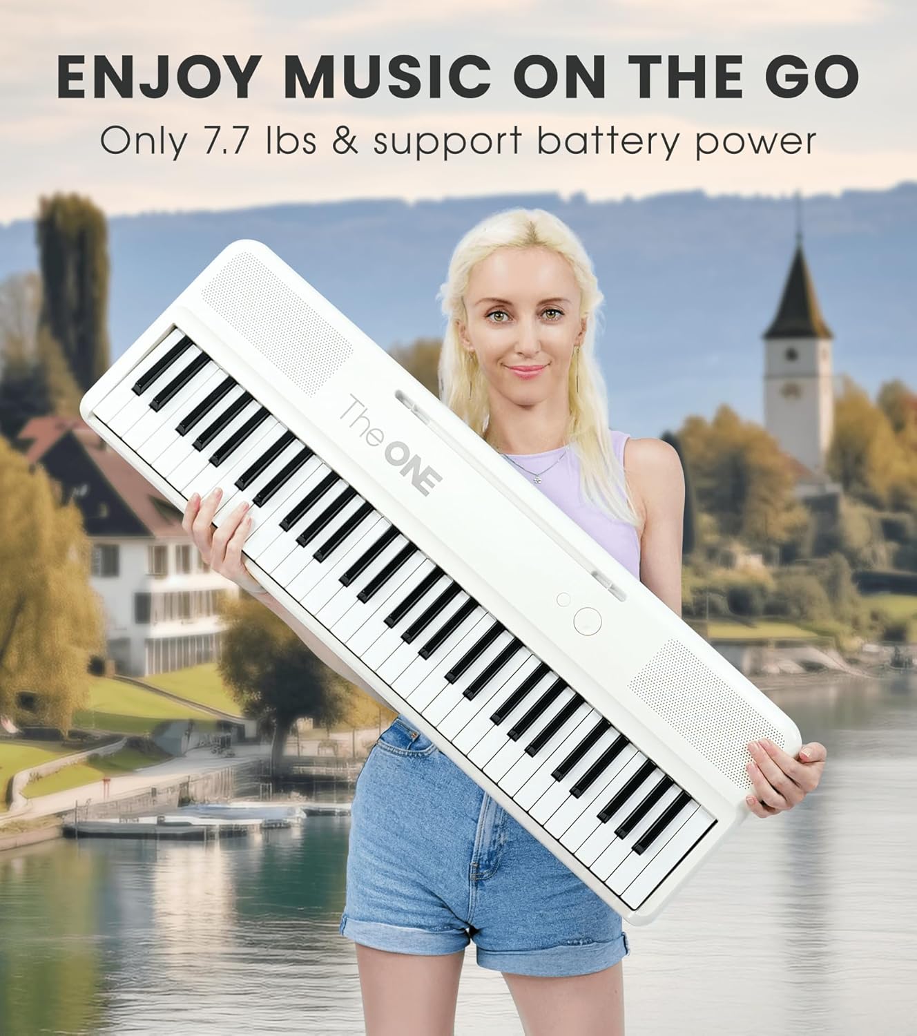 The ONE Smart Keyboard COLOR 61 Lighted Keys Piano Keyboard, Electric Piano for Beginners with 256 Tones, 64 Polyphony, Built-in LED Lights & Apps, Supports USB MIDI/Headphones (White)