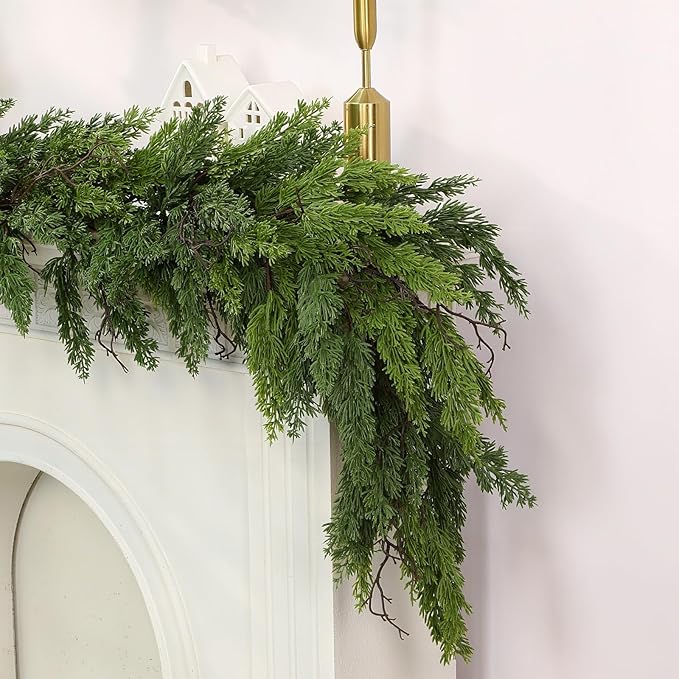 6FT Artificial Christmas Garland, Realistic Greenery Cypress Pine Garland for Mantle Table Railing Fireplace Indoor Outdoor Christmas Decoration