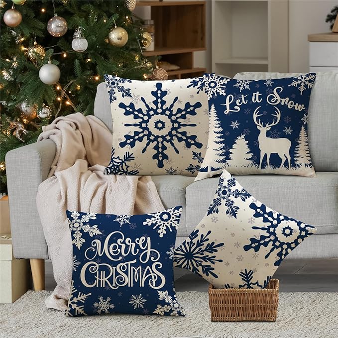 Christmas Pillow Covers 18x18 Blue Christmas Decorations Snowflake Reindeer Throw Pillow Covers Xmas Tree Winter Holiday Decor Cushion Case for Sofa Couch Set of 4